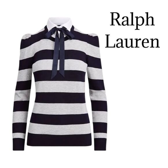 RALPH LAUREN Navy/Gray/White Layered-Look Tie-Neck Striped Sweater Sz S NWT - Picture 2 of 10